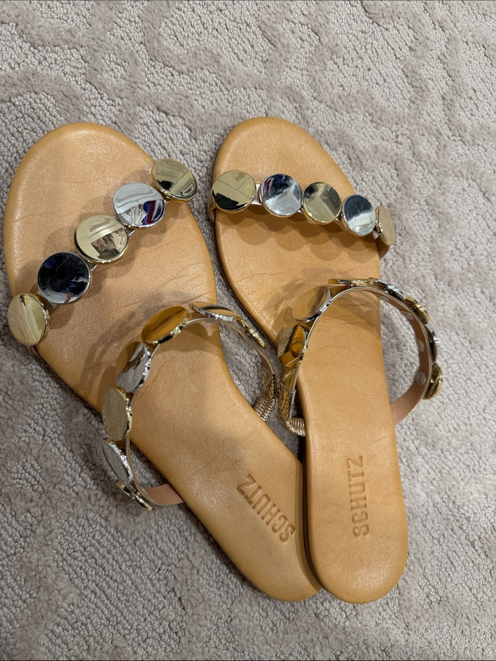 SCHUTZ Gold Leather Slide Sandals with Decorative Metallic Discs size 9